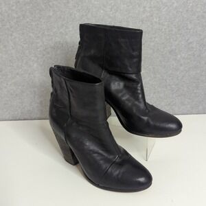 Rag & Bone Black Leather Block Heel Back Zip Ankle Booties Western‎ Womens 38.5